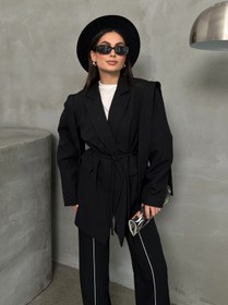 Resim msm fashion Kadın Oversize Blazer Ceket Siyah Kuşaklı Omuz Detaylı 