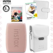 Resim Fujifilm Instax Mini Link 3 Pembe Akıllı Telefon Yazıcısı Beyaz Çanta Deri Albüm ve 20'li Mini Film 