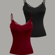 Resim Kontrast Dantel Dikişli İki Parçalı Set Moda ve Şık Askılı Üst 