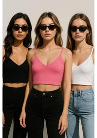 Resim Kadın 3'lü Paket Siyah Beyaz Pembe Kısa Crop İp Askılı V Yaka Krop Bluz Büstiyer Çok Renkli 