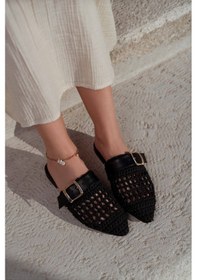 Resim Best Siyah Örgü Kemer Detay Düz Taban Kadın Terlik Siyah 