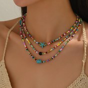 Resim 3'lü Paket, Kadın Moda Choker Kolye Seti, Bohem Tarzı Yaz Temalı Sentetik Turkuaz Denizyıldızı Boncuklu ve Cam Detaylı Plaj Tatili Aksesuarları 