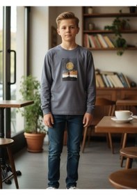 Resim Zekids Erkek Çocuk Pamuklu Manzara Baskılı İnce Uzun Kollu Sweatshirt-16341 Gri 