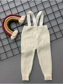 Resim Sparrow Laurel Ekru Renk Önden Düğmeli Askılı Ayarlanabilir Unisex Bebek Triko Salopet Tayt Pantolon 
