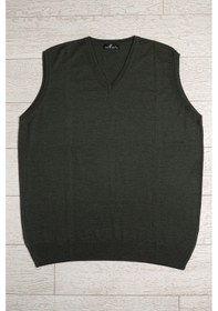 Resim V Yaka Battal Büyük Boy Yünlü Kolsuz Triko Süveter Yeşil 