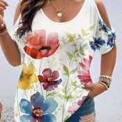 Resim Plus Beden Omuz Açık T-Shirt Çiçek Baskı 110 Göğüs Yaz Şıklığı 