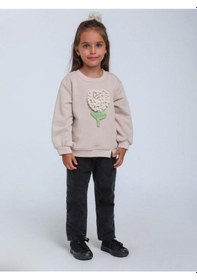 Resim Kız Bebek Örgü Çiçek Detaylı Sweathirt-14304 Bej 