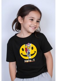 Resim Panios Kids Emoji Baskılı Kız Çocuk Kısa Kollu T-shirt Siyah 