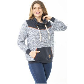 Resim Kadın Büyük Beden Kuşgözü Bağcık ve Süs Düğme Detaylı Kanguru Cepli Dik Yaka Sweatshirt 65n37122-lacivert Lacivert 