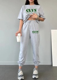 Resim CLAYES Clys Tasarım T-shirt Eşofman Altı Jogger- Gri Baskı Alt Üst Eşofman Takımı Oversize Bisiklet Yaka 