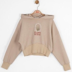 Resim Kız Çocuk Pamuklu Orta Kalınlık Kapüşonlu Crop Sweatshirt-14707 Vizon 