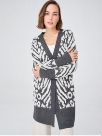 Resim Peraluna Uzun Leopar Desenli Kadın Triko Hırka Antrasit Melanj Antrasit Melanj 