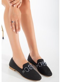 Resim Triko Zincir Detaylı Yuvarlak Burun Siyah Kadın Babet-2540 Siyah 