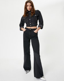 Resim Yüksek Bel Geniş Paça Çift Kumaş Detaylı Kot Pantolon - Wide Leg Jeans 