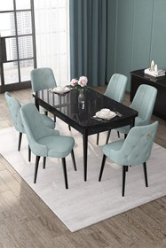 Resim Canisa Nex Serisi 80x132 Mdf Açılabilir Siyah Mermer Masa Takımı 6 Mürdüm Sandalye Gold Halka 