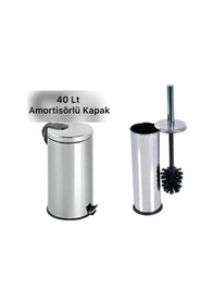 Resim 40 Litre Paslanma Krom 2'li Banyo Seti Pedallı Çöp Kovası Wc Klozet Tuvalet Fırça Seti Banyo Gri 