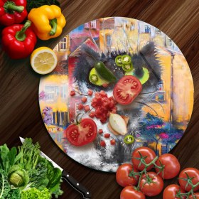 Resim Decovetro Cam Kesme Tahtası Yuvarlak Beyaz Kedi Desenli 30X30 cm 