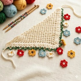 Resim Uhel El Örgüsü Çiçekli Çocuk Bandana - Kız Çocuk Yazlık File Saç Bandı 