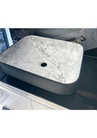 Resim Boheme Scope 50 Cm Mat Siyah Calacatta Tezgah Üstü Çanak Lavabo Şık Tasarım Krom 