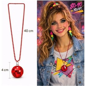 Resim Mey İthalat Retro Disko Topu Şekilli 80&amp 39 Ler 90&amp 39 Lar Kırmızı Renk Plastik Kolye Yetişkin 