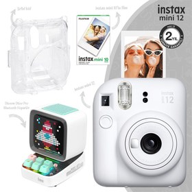 Resim Instax mini 12 Beyaz Fotoğraf Makinesi-10'lu Film-Şeffaf Kılıf ve Divoom Ditoo Pro Beyaz Uyarlanabilir Piksel Ekranlı Bluetooth Hoparlör 