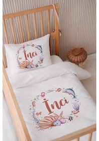 Resim %100 Pamuk Saten Isme Özel Isimli 100x150 Bebek Yatak Nevresim Seti Denizkabuğu Ve Yunus 