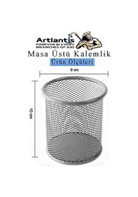 Resim Gümüş Gri Silindir Masa Üstü Kalemlik 1 Adet Metal Fileli Renkli Perforeli Yuvarlak Kalemlik Ofis Büro Okul 