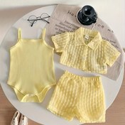 Resim Kız Bebekler İçin Yazlık Rahat Stil Dokulu Kumaş Kısa Kollu Gömlek + Şort + Askılı Tulum 3 Parça Set - Günlük Kullanım ve Dış Mekan İçin İdeal, Özel P101568 