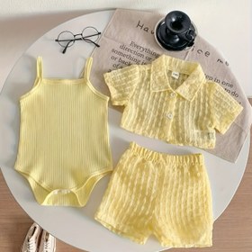 Resim Kız Bebekler İçin Yazlık Rahat Stil Dokulu Kumaş Kısa Kollu Gömlek + Şort + Askılı Tulum 3 Parça Set - Günlük Kullanım ve Dış Mekan İçin İdeal, Özel P101568 