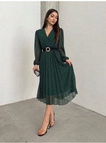 Resim Tua Moda Kadın Şifon Kumaş Astalı Kloş Kesim Kruvaze Yaka Midi Boy Elbise Zümrüt Yeşili 
