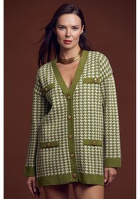 Resim Kazayağı Motif Oversize Triko Ceket - Yeşil 001 