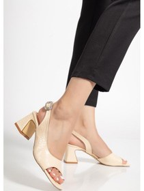 Resim Kadın Topuklu Sandalet Ayakkabı Bej Rugan Kroko Baskılı Tan Taşlı Tokalı-4031 Bej 