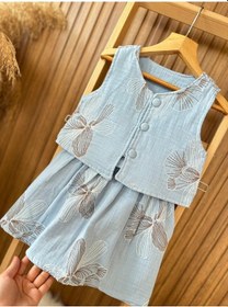 Resim Kidscocuk Kız Çocuk İşleme Detaylı Yelek Etek Takımı Müslin Kumaş Beli Lastikli Yazlık Takım 3-10 Yaş Açik Mavi 