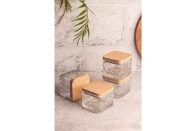 Resim Kare 4'lü Ahşap Kapaklı Cam Kahvaltılık, Çok Amaçlı Çerezlik 230 ml 