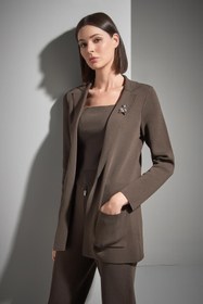 Resim Atkı ve Broş Detaylı Bol Kesim Kahverengi Triko Blazer Ceket - Kahverengi / M 