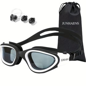 Resim JUNHAINS Profesyonel Yetişkin Yüzme Gözlüğü Seti, Ayarlanabilir Yüksek Çözünürlüklü PC Lens, Burun Klipsi ve Kulak Tıkacı ile Geniş Çerçeve, Siyah, Saklama Çantası Dahil, Şükran Günü ve Noel Hediyeleri için İdeal 