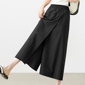 Resim Kadınların Siyah A-Line Midi Pantolonları - Rahat Yüksek Bel Elastik Bel, Polyester, Bahar/Yaz için Mükemmel, Rahat Giyim|Aline Etek Pantolonları|Polyester Kumaş 