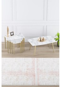 Resim Canisa Concept Telwe Serisi, Mdf 4'lü Zigon Sehpa Takımı Ve Orta Sehpa, Beyaz Mermer Desen, Gold Gürgen Ayak Sehpa Beyaz Mermer Desen Ayaklar Gold 