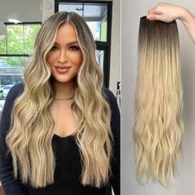 Resim YUSULAXI 60.96 cm V-Şekilli Klipsli Saç Uzantıları, Unisex-Yetişkin, Uzun Dalga Kıvırcık, Ombre Siyah Kahverengi, Yüksek Sıcaklık Fiber Sentetik Saç Parçası 
