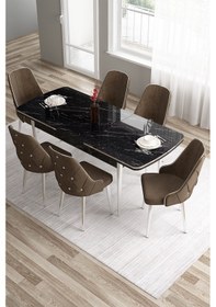 Resim Canisa Tia Serisi 80x132 Açılabilir Mdf Siyah Mermer Krom Detay Yemek Odası Takımı Ve 6 Kahverengi Sandalye Masa Siyah Mermer Desen Sandalye Kahve 