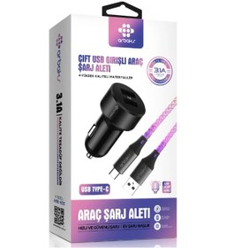 Resim Arbaks Type-c Led Işıklı Çift Usb Girişli Araç Şarj Aleti 