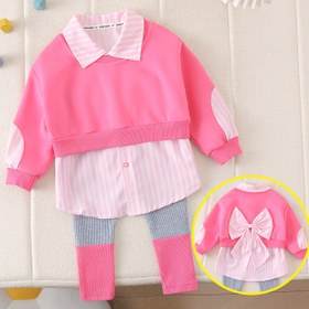 Resim 2 adet Sevimli Sırt Kurdele Çizgili Patchwork Kazak Üst + Renk Bloklu Pantolon Kız Moda Seti, Bahar ve Sonbahar için Uygun, Rahat Örgü Kumaşından Yapılmış, Günlük Geziler, Açık Hava Aktiviteleri, Seyahat, Okul, Rahat Spor Stili, Fotoğraf Çekimleri, Kolej Görünümü, Bayram Partisi Hediyesi veya Kızlar İçin İlk Doğum Günü Hediyesi İçin İdeal, Açık Hava İçin Mükemmel 