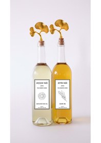 Resim Altın Ginkgo Akıtmaz Tıpalı Dibi Çukur Şeffaf Cam Şişe 2'li 750 Ml Yağdanlık Yağlık Şeffaf 