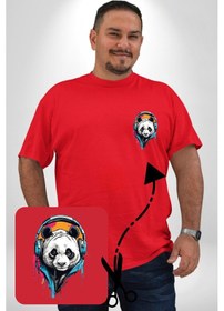 Resim Angemiel Kulaklık Ayı Panda Kırmızı Büyük Beden Kadın Basic Minimal Baskılı Tişört Kırmızı 