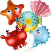 Resim 5 adet Deniz hayvanı alüminyum folyo balon seti, denizatı, denizyıldızı, şişme balık, yengeç, kabuklu balon, erkek ve kız çocuk doğum günü partisi düzenlemeleri için uygun 