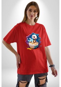 Resim Sevimli Bebek Ejderha Elmas Yumurta Pamuklu Bisiklet Yaka Unisex Oversize Boyfriend Dijital Baskılı Kırmızı T-shirt Kırmızı 