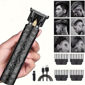 Resim Kablosuz Şarj Edilebilir Saç Kesme Makinesi ve Sakal Tıraş Makinesi Erkekler İçin, T-Şekilli Bıçak, 300mAh Lityum Pil, Ejderha Tasarım, Aksesuarlar Dahil (10 Parça Çıtçıt, Kulak Tıraşı, Burun Kılı Tıraşı) 