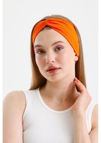 Resim Butik Çapraz Bağlamalı Kadın Bandana Saç Bandı, Kaymaz Yumuşak Esnek%100 Pamuklu Penye - Tek Ebat / Turuncu Turuncu 