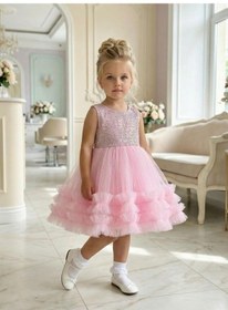 Resim Butikhappykids Kız Çocuk Pembe Payetli Volanlı Tüllü Prenses Abiye Elbise 1-5 Yaş Pembe 