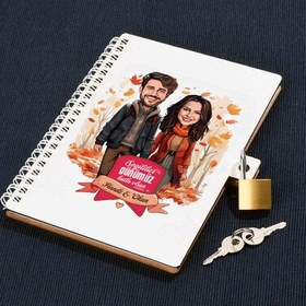 Resim Sonbahar Yaprakları ve Aşkımız Karikatürlü Kilitli Defter 